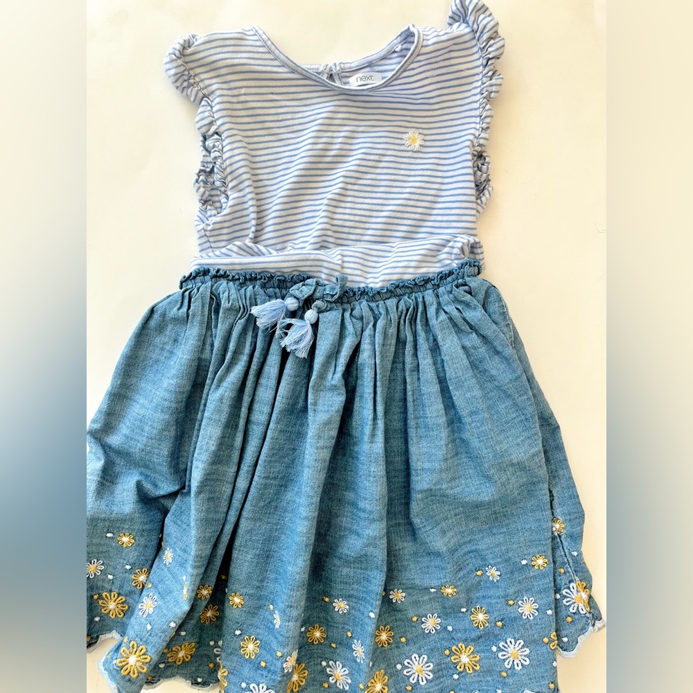NEXT Direct size 10 Striped Blue and Denim Dress with Floral Embroidery